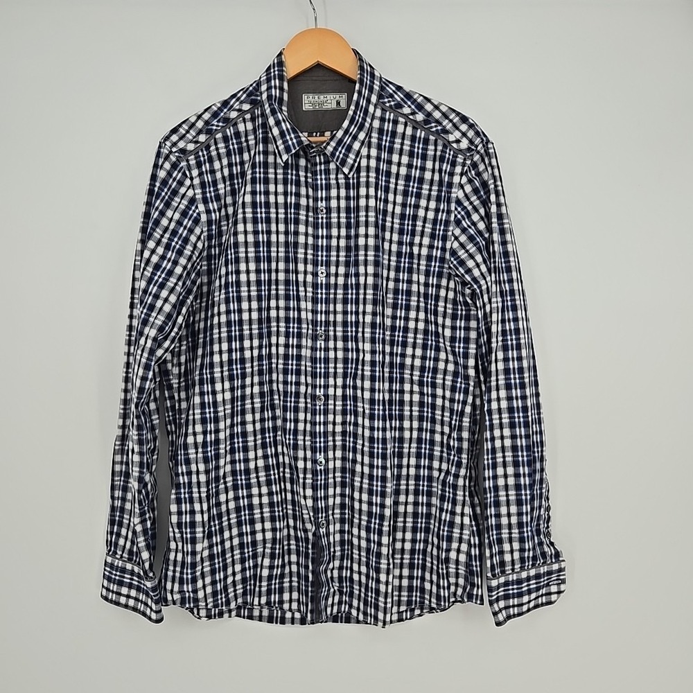 7 Diamonds Premium‎ Mens L Shirt Blue Black Plaid Button Up Collar Dress - Stain